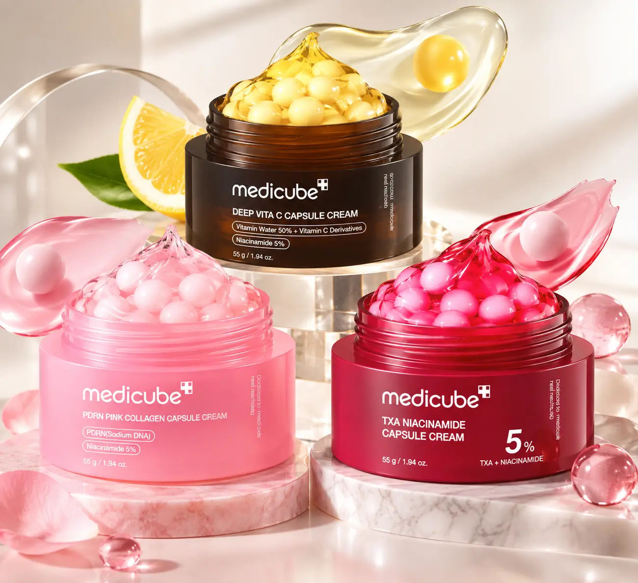 Medicube capsule creams: Deep Vita C, PDRN Pink Collagen and TXA Niacinamide